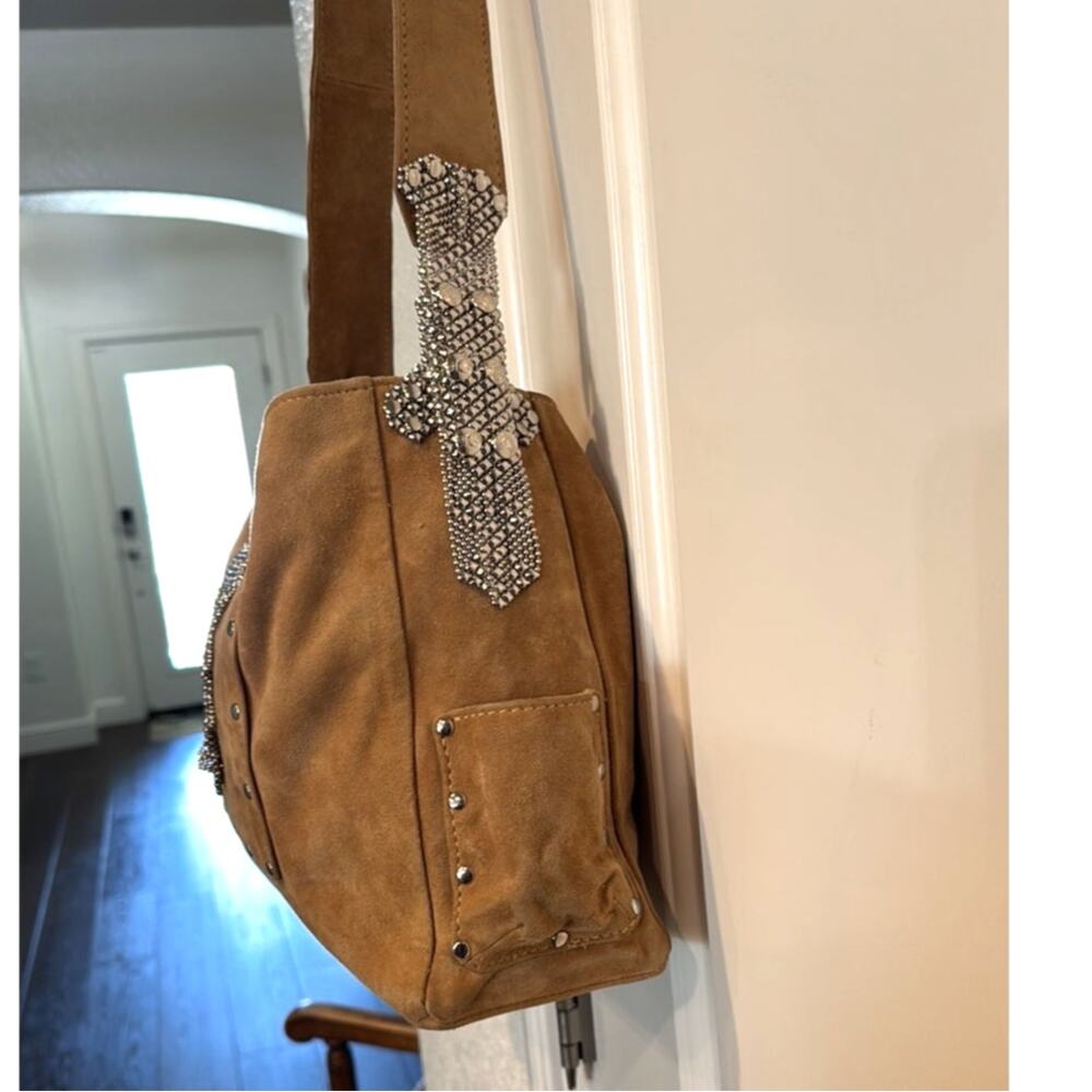 Sergio Gutierrez Liquid Metal collection camel suede crossbody shoulder bag - Picture 3 of 16